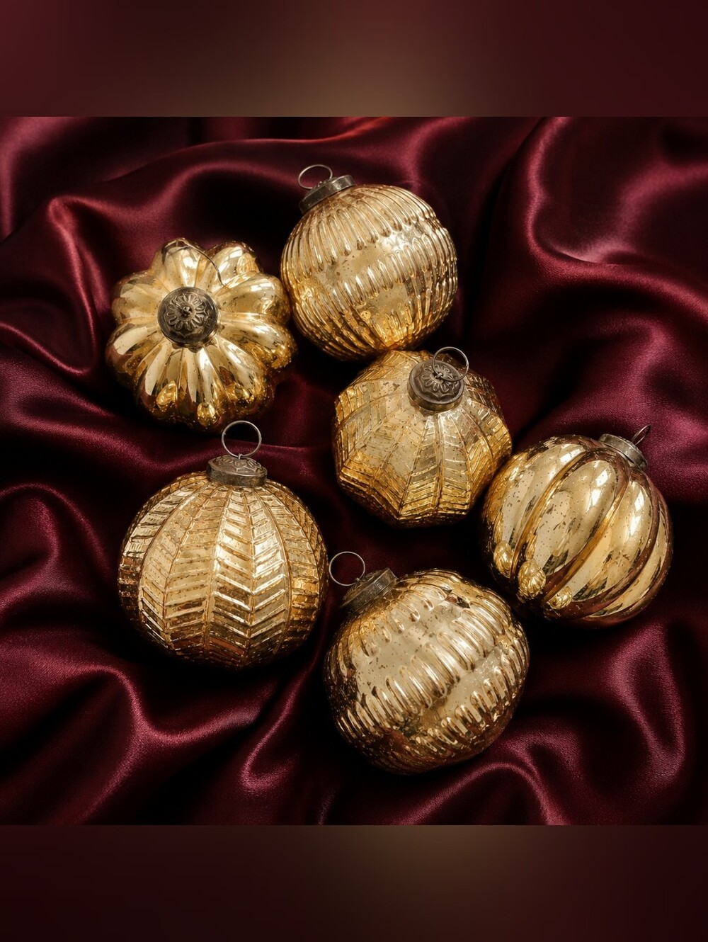 Vintage Christmas Ornaments Gold Mercury Glass Holiday Baubles 6 Piece Bombay